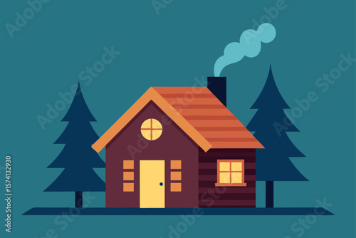cozy cabin with smoke coming from chimney