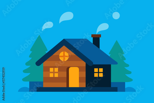 cozy cabin with smoke coming from chimney