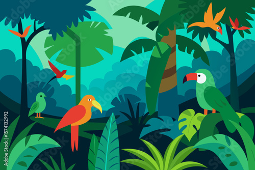 deep jungle scene with exotic birds