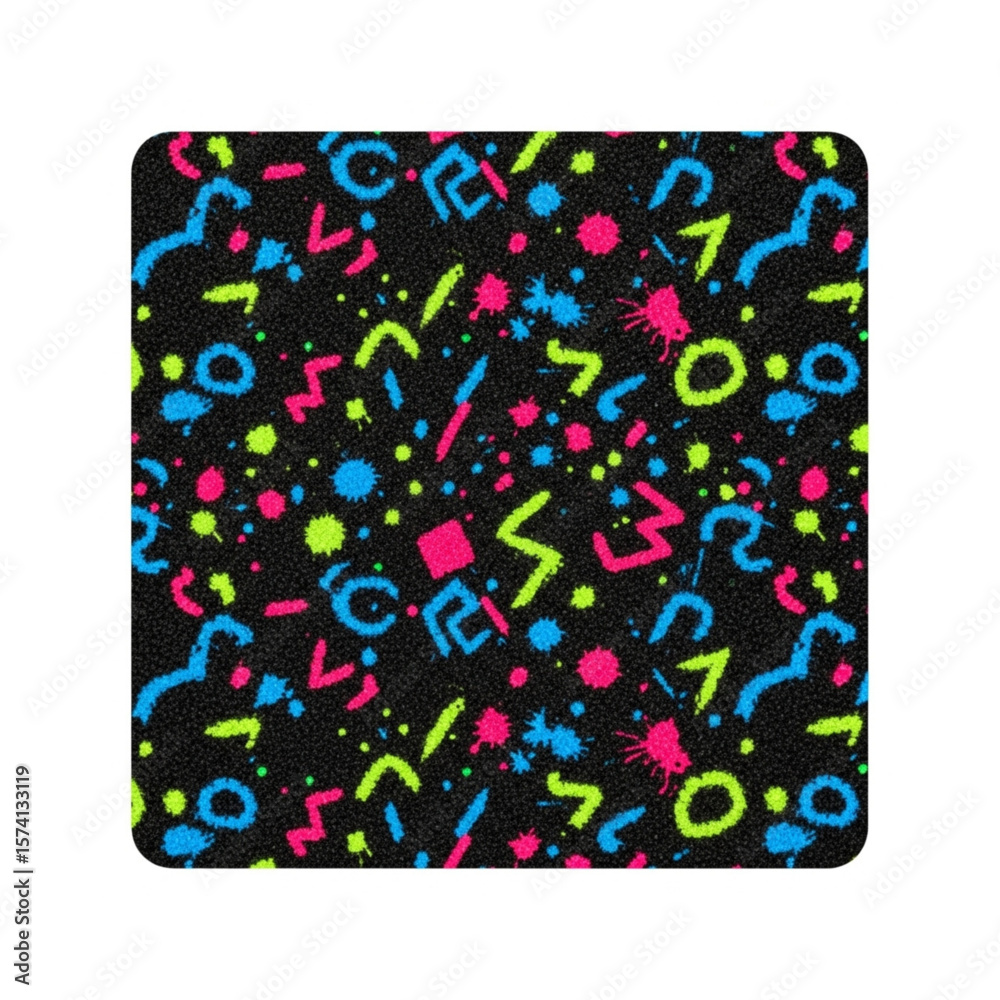 Fototapeta premium A vibrant, retro-style pattern featuring colorful geometric shapes and splatters on a dark background.