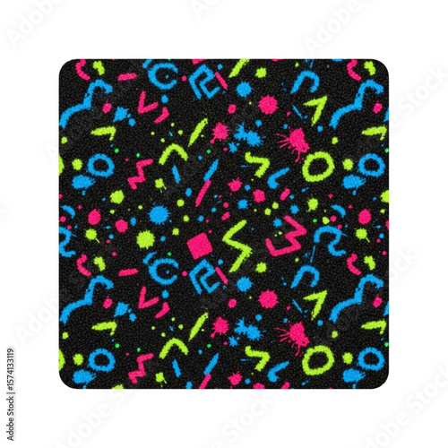 A vibrant, retro-style pattern featuring colorful geometric shapes and splatters on a dark background.