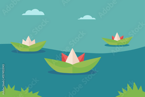 floating paper boats on a serene pond