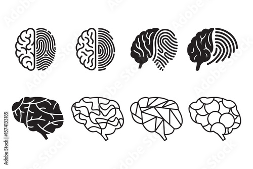 Neurodiversity Brain Fingerprint set collection pack black icon silhouette vector flat illustration design on white background