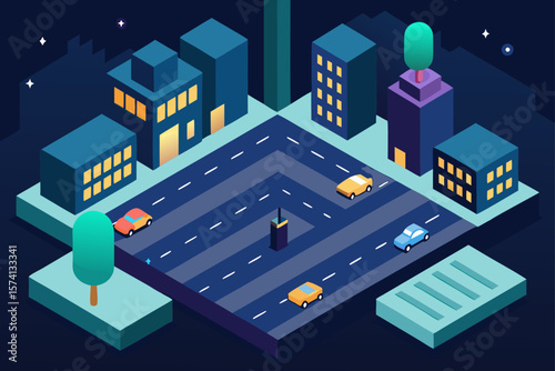 isometric city at night with busy streets