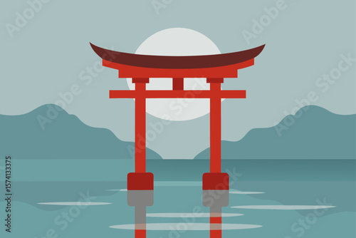 japanese torii gate in a misty lake
