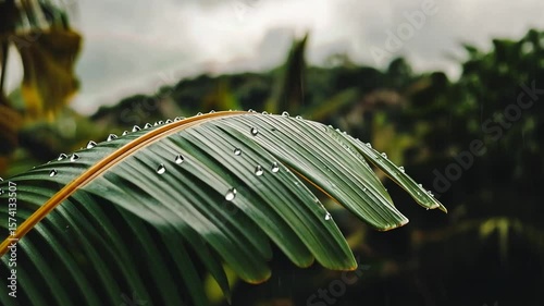 Leaf glistening with raindrops after a fresh tropical rainforest shower