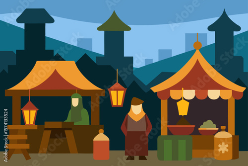 medieval village market scene with lanterns