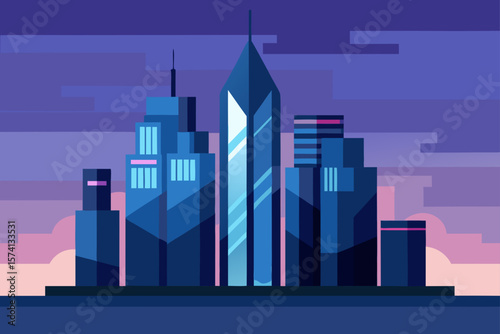 modern glass skyscrapers at dusk