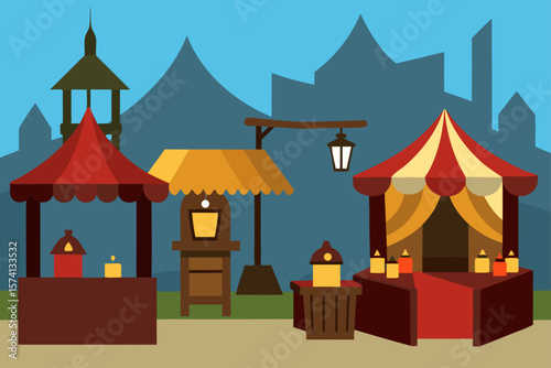 medieval village market scene with lanterns