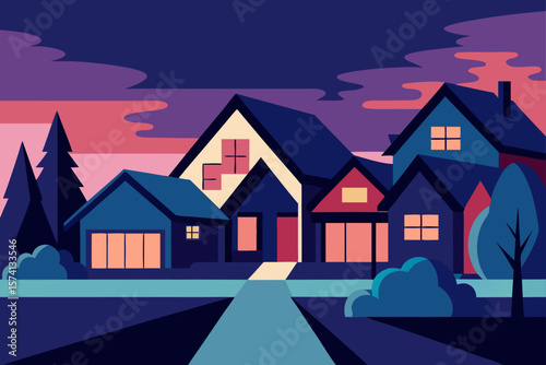 modern suburban neighborhood at dusk