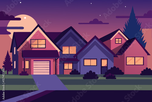 modern suburban neighborhood at dusk