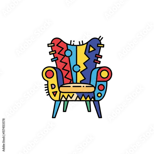 Colorful, abstract armchair design with patchwork patterns and bold colors.