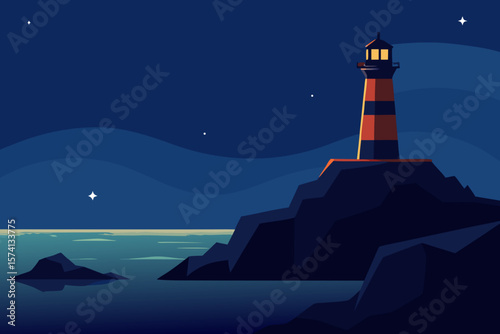 night sky over a lighthouse on rocky shore