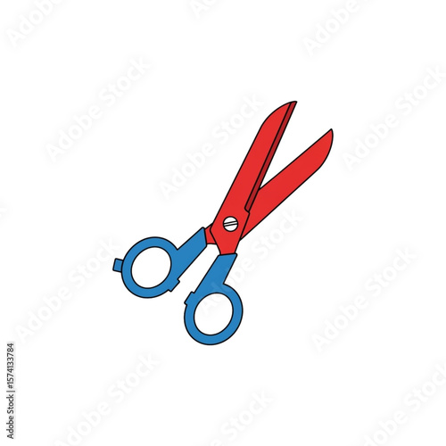 Illustration of open red scissors with blue handles on a white background.