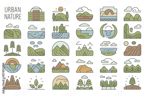 Editable icon set with simple line art illustrations of natural landscapes and urban elements combined

