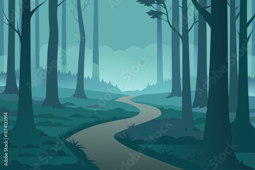 peaceful path in a foggy morning forest