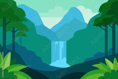 rainforest scene with mist and waterfall