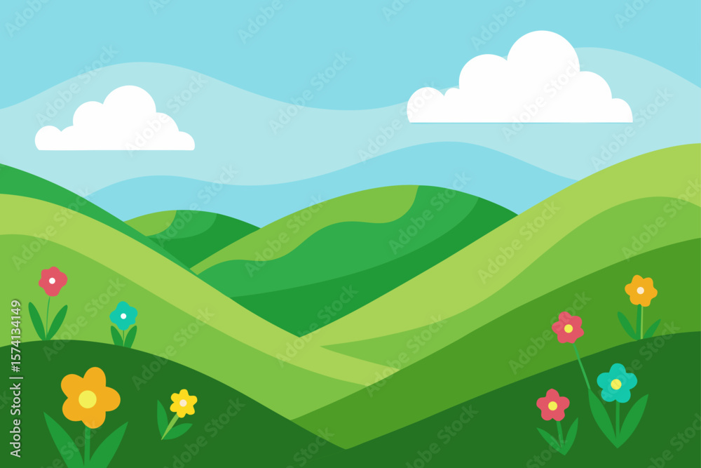 Fototapeta premium rolling green hills with wildflowers in bloom
