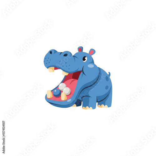 Cartoon hippopotamus with open mouth showing teeth and tongue, isolated on a white background.