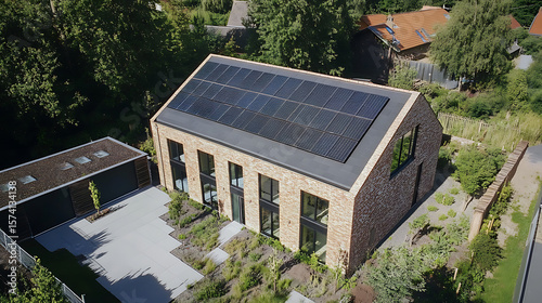 A large brick building with a black roof and solar panels. The building is surrounded by trees and has a garden