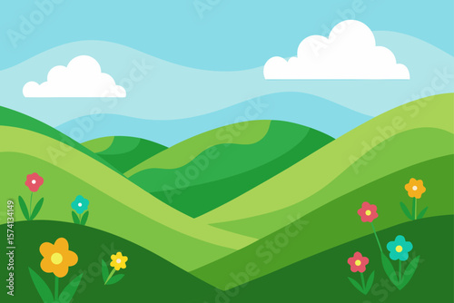 rolling green hills with wildflowers in bloom