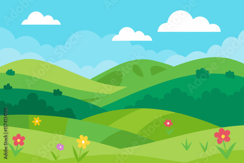 rolling green hills with wildflowers in bloom