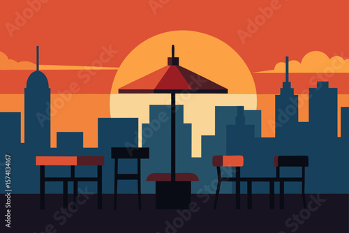 rooftop cafe overlooking a sunset skyline