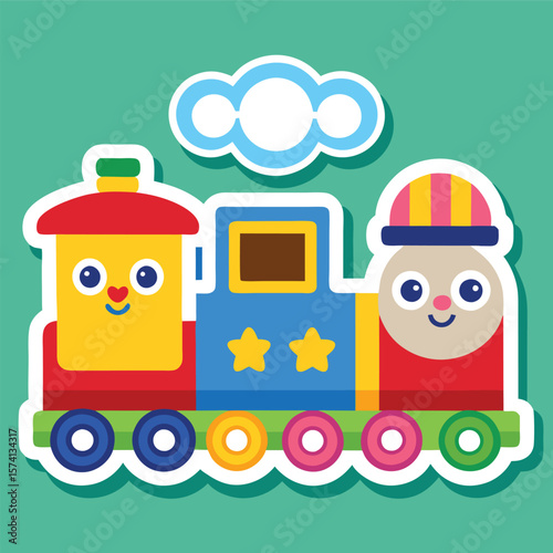 Cartoon train with a happy face, colorful design, and a cloud above