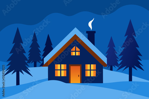 snowy cabin in the forest with warm light