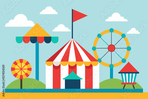 summer fairground scene with rides