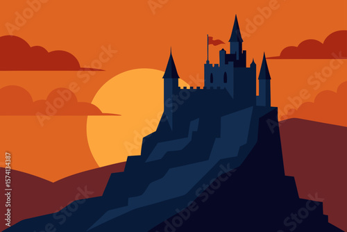 sunset behind a majestic castle on the cliff