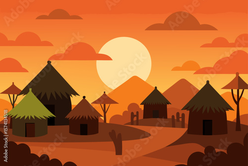 traditional african village at sunrise