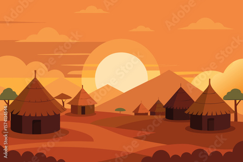 traditional african village at sunrise
