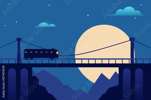 train crossing a suspension bridge at twilight