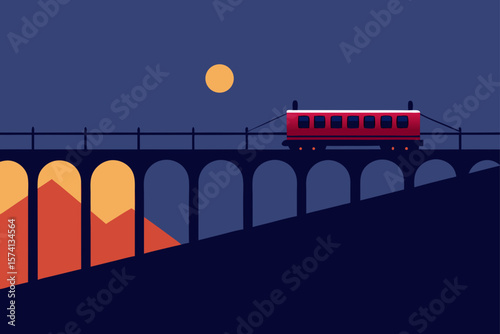 train crossing a suspension bridge at twilight