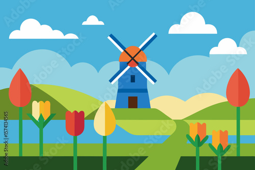 traditional dutch landscape with tulips