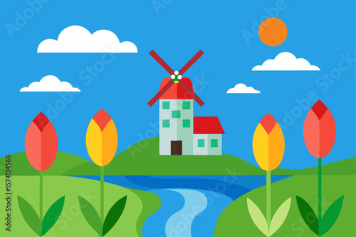 traditional dutch landscape with tulips
