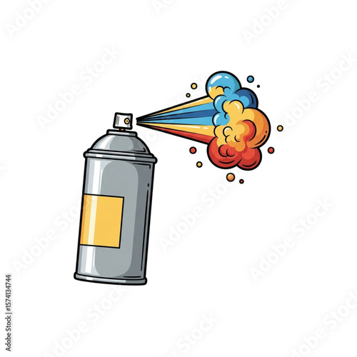 A vibrant spray can expels colorful paint in a dynamic, cartoonish burst.