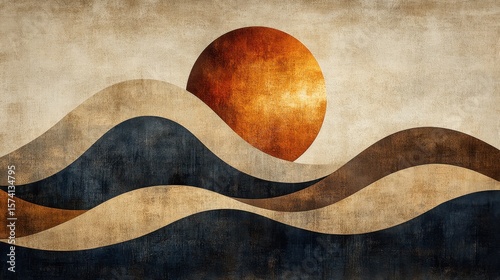 Painting of a sun over a wave of water