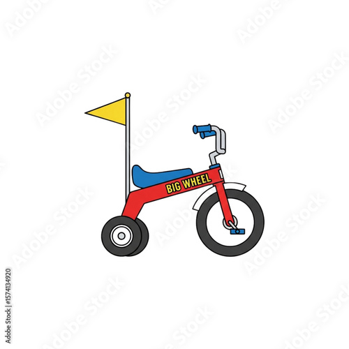 A colorful illustration of a vintage-style red tricycle, featuring a yellow flag and the words "BIG WHEEL".