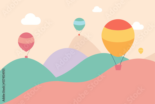 whimsical hot air balloons over pastel hills