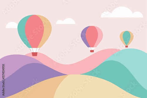 whimsical hot air balloons over pastel hills