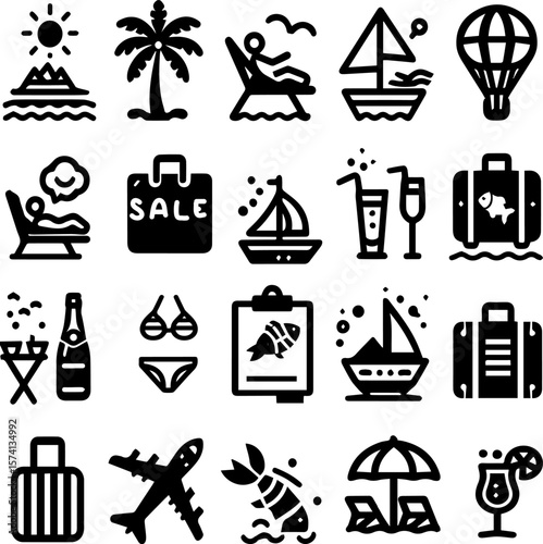 Vacation-themed icons featuring travel, drinks, and leisure activities  