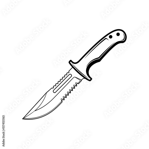 A detailed illustration of a tactical knife with a serrated edge, isolated on white.
