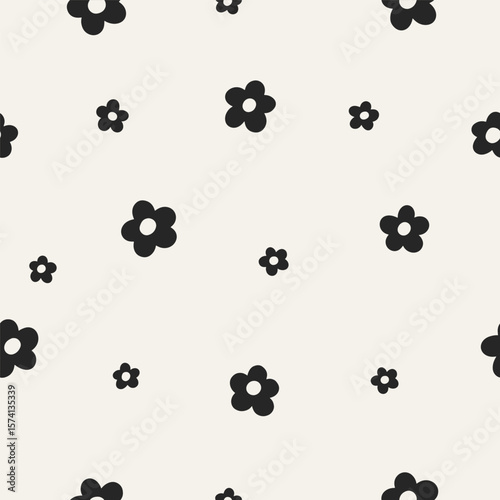 Seamless daisy pattern. Tiny flowers, endless black and white floral backgrou...
