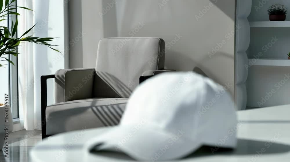 A single white hat sitting alone on a table surface