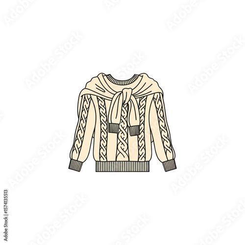 Cream cable-knit sweater with draped neckline and tied detail.
