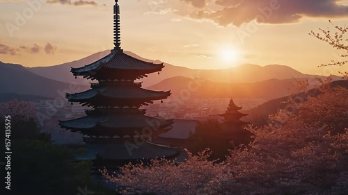 Majestic five storied pagoda at sunset with cherry blossoms in full bloom creating a serene japanese scenery