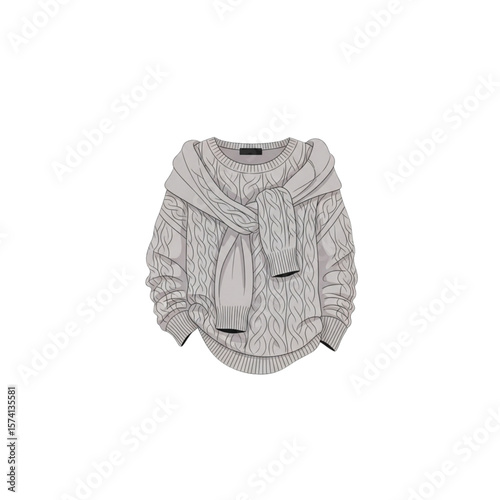 A light grey cable-knit sweater casually draped with a matching scarf.