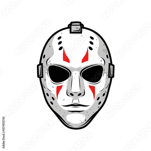 Illustration of a white hockey mask with red markings and black eye holes on a white background.